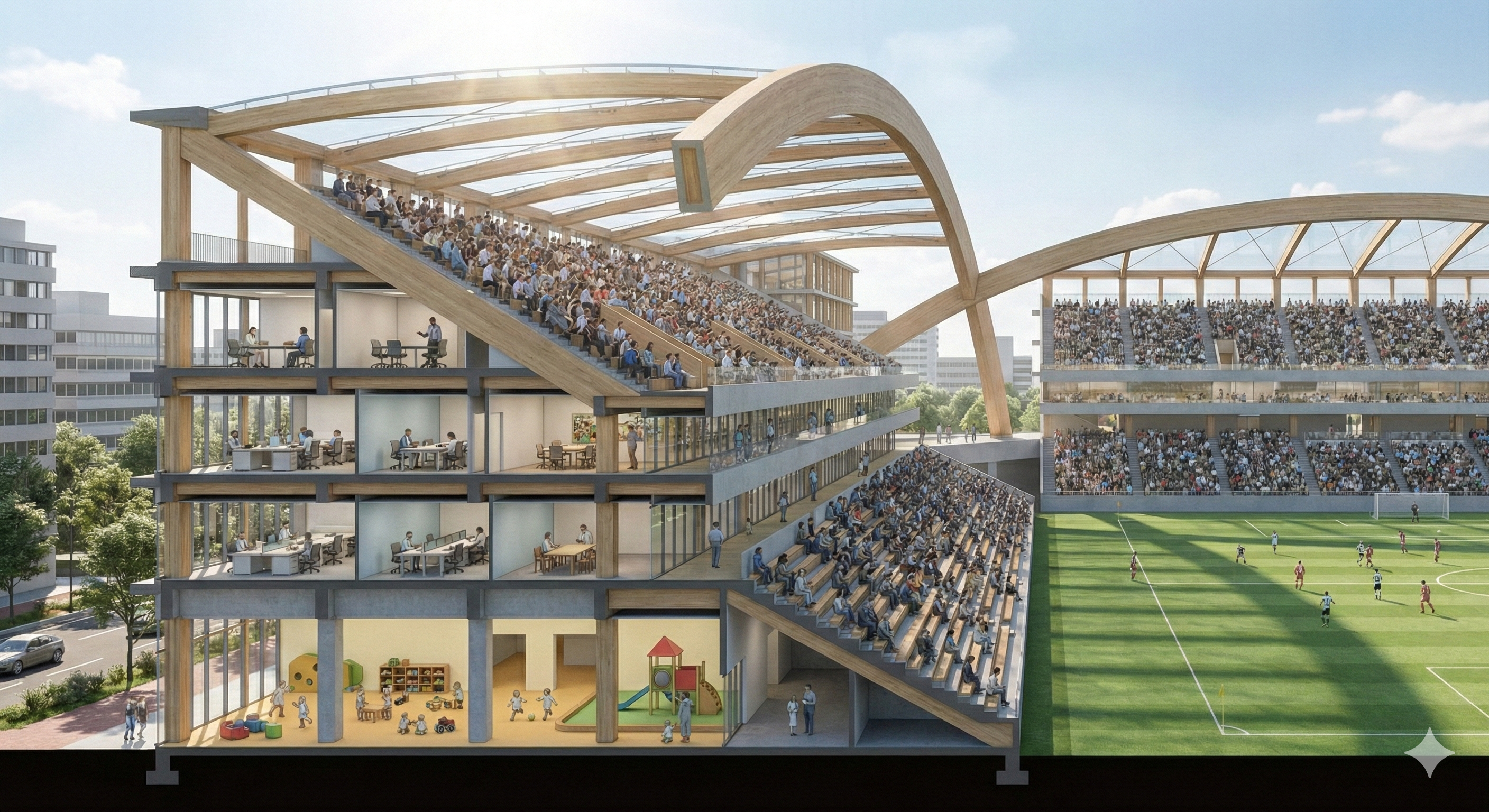 Architectural concept diagram showing four separate buildings with slanted roofs arranged in a rectangle, where the angled rooftops serve as stadium seating sections. Cross-section view showing kindergarten and office spaces beneath the seating. Clean architectural illustration with labels, modern Japanese design aesthetic