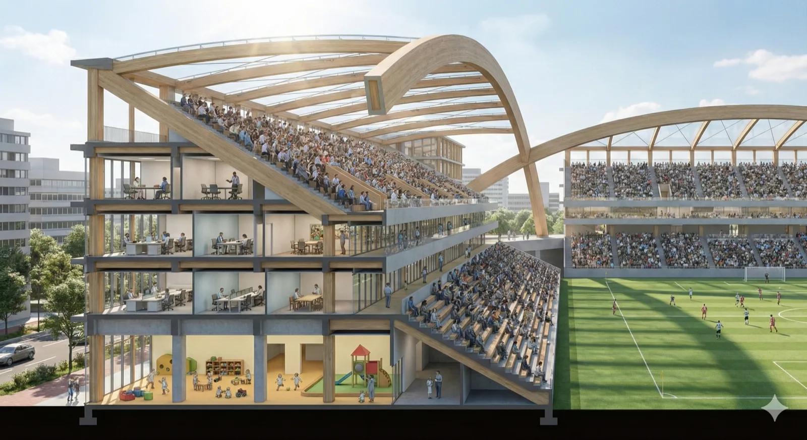 Architectural concept diagram showing four separate buildings with slanted roofs arranged in a rectangle, where the angled rooftops serve as stadium seating sections. Cross-section view showing kindergarten and office spaces beneath the seating. Clean architectural illustration with labels, modern Japanese design aesthetic