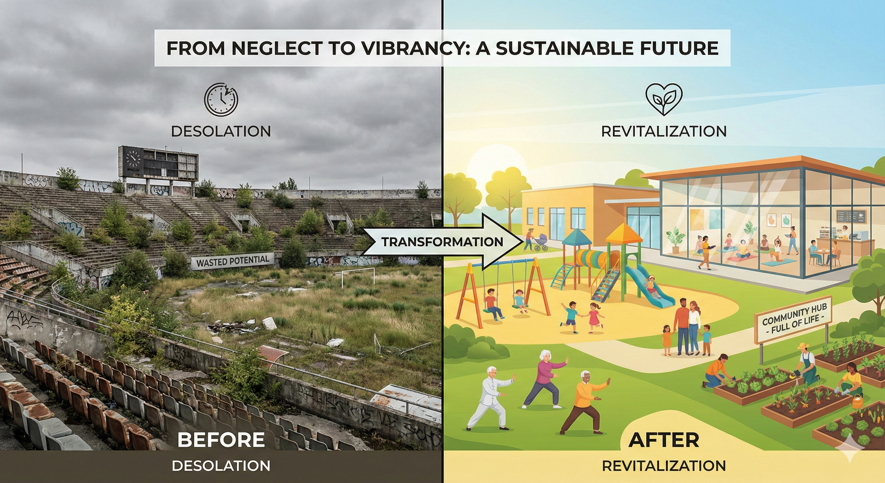 Split image comparison: Left side shows empty, abandoned stadium with weeds growing on seats, gray overcast sky, sense of waste and neglect. Right side shows vibrant community center with families, children playing, elderly exercising, full of life. Clean modern infographic style with clear before/after contrast, professional presentation quality