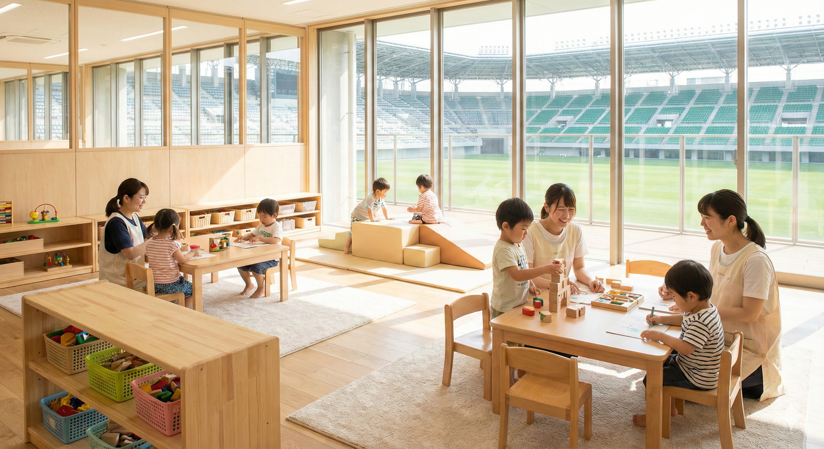 Bright modern childcare facility interior with floor-to-ceiling windows overlooking stadium pitch, diverse group of Japanese children aged 0-5 engaged in play and learning activities, warm natural light, wooden toys and colorful educational materials, caring female teachers in aprons, safe nurturing atmosphere, clean Scandinavian-Japanese design aesthetic