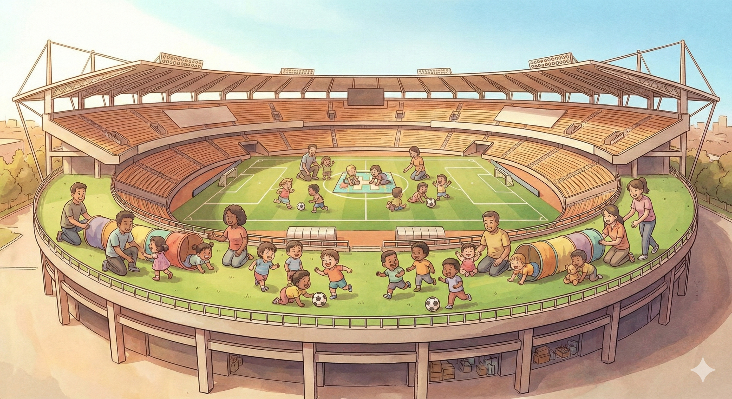 Toddlers playing on green grass in stadium, supervised by caregivers
