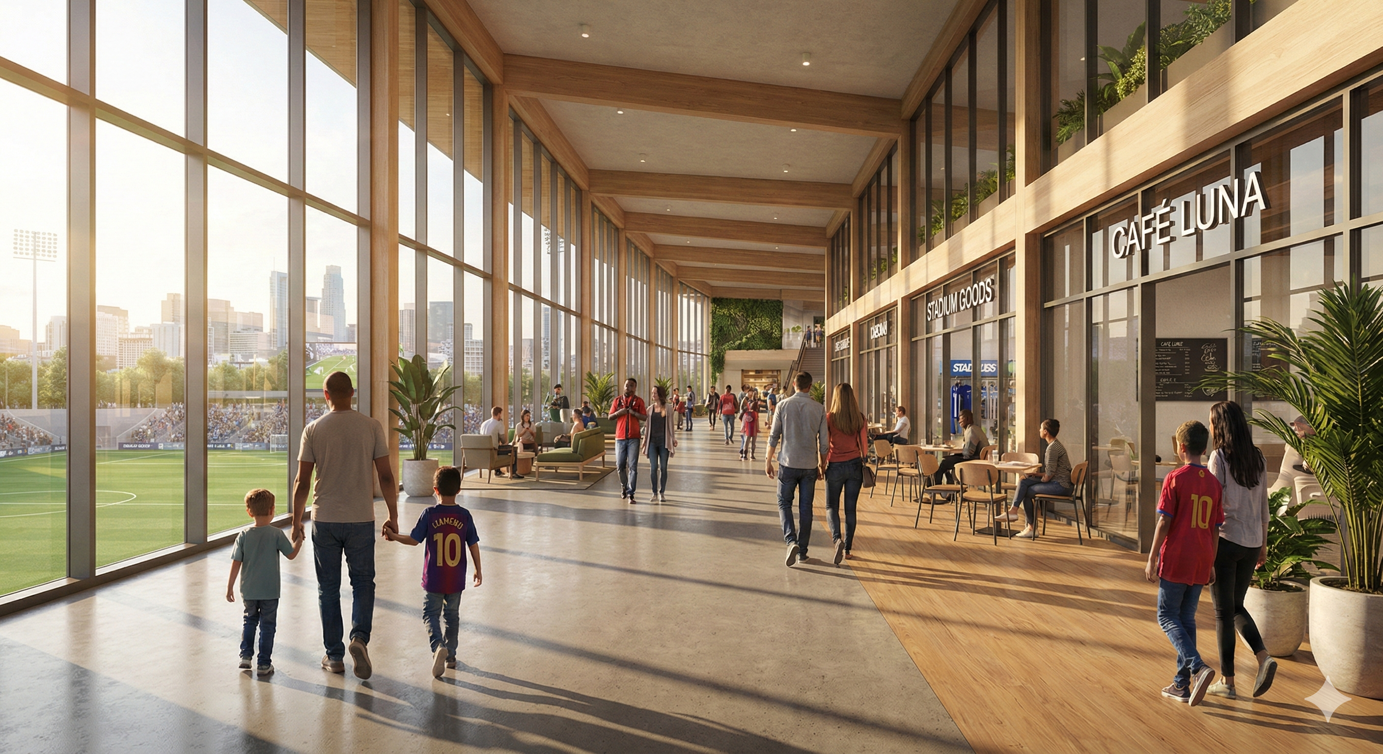 Modern stadium concourse with shops and cafes, families walking, natural light from large windows, clean contemporary design, warm and welcoming atmosphere