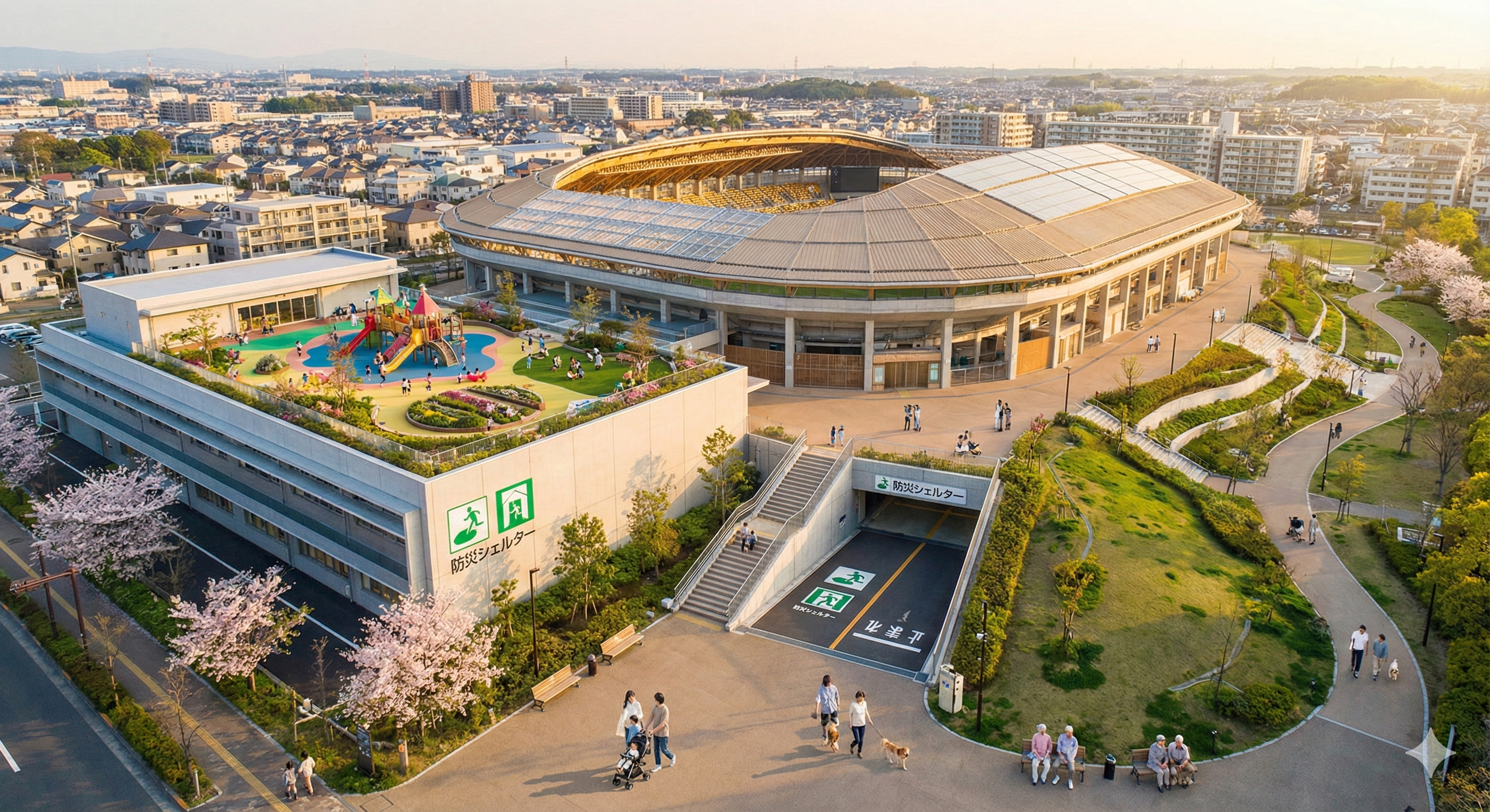 Breathtaking aerial view of a modern multi-functional stadium complex at golden hour, featuring a sleek 25,000-seat arena with retractable roof, integrated childcare facility with colorful playground visible on rooftop terrace, underground shelter entrance marked with safety symbols, surrounded by lush green parks and walking paths, Japanese families and elderly couples enjoying the grounds, photorealistic architectural visualization, warm cinematic lighting, aspirational community atmosphere