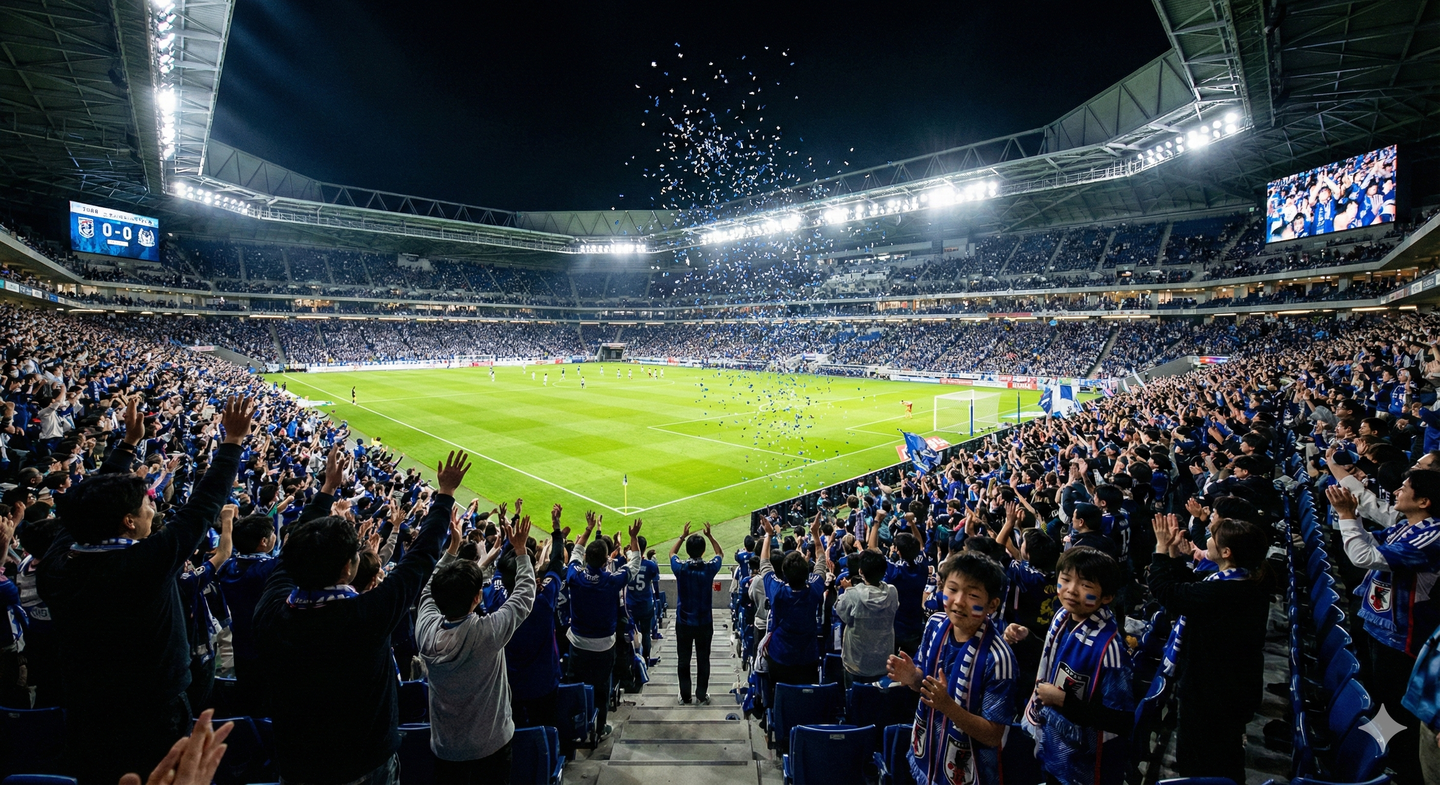 Electrifying night match atmosphere in modern stadium, 25,000 passionate fans cheering under dramatic stadium lighting, green pitch glowing, Japanese families in crowd waving team colors, confetti in air, sense of community celebration and excitement, professional sports photography style, vibrant colors