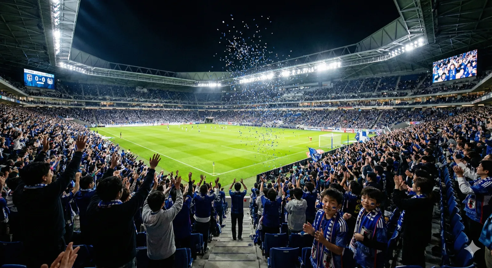 Electrifying night match atmosphere in modern stadium, 25,000 passionate fans cheering under dramatic stadium lighting, green pitch glowing, Japanese families in crowd waving team colors, confetti in air, sense of community celebration and excitement, professional sports photography style, vibrant colors