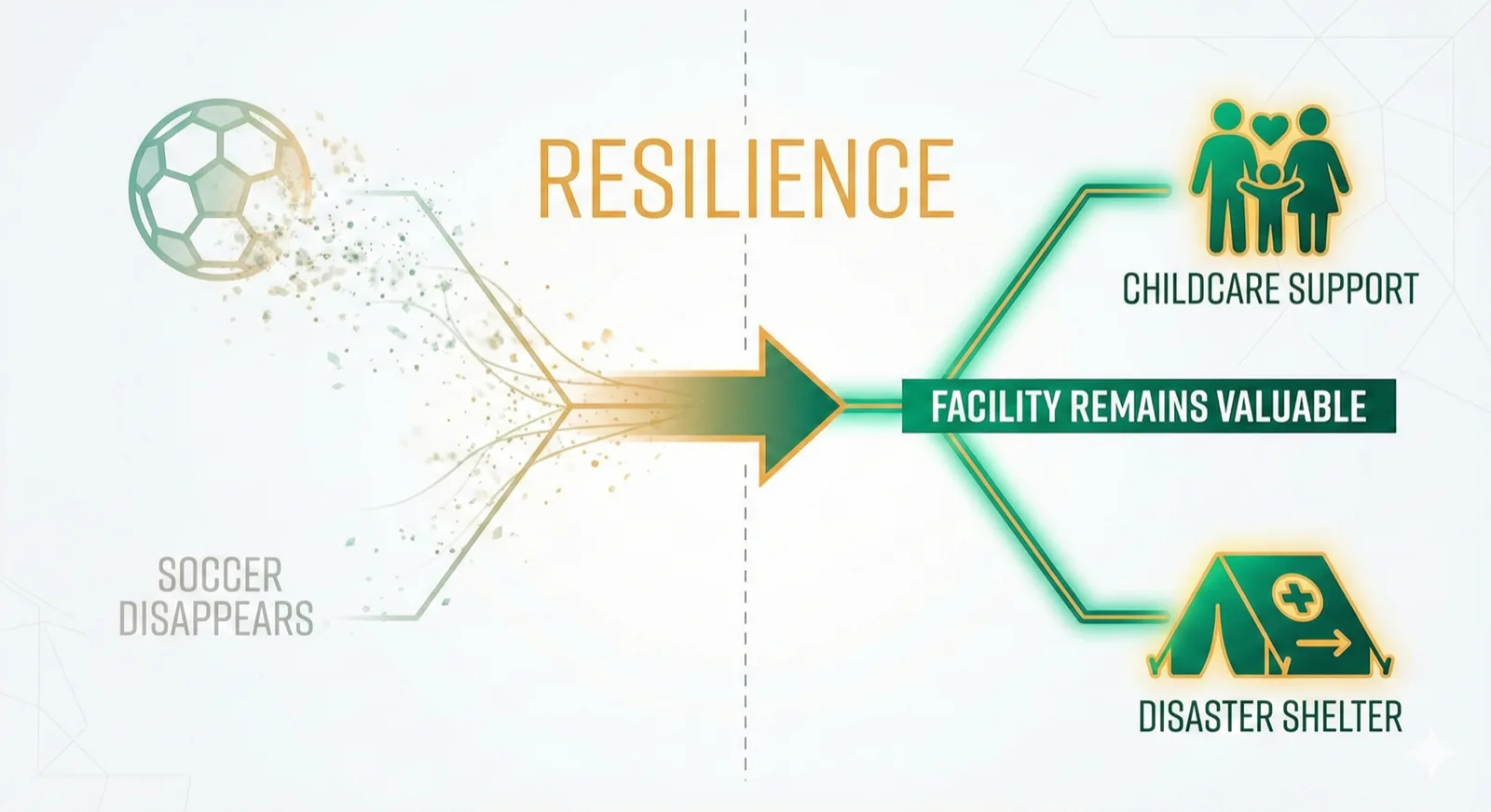 Conceptual diagram showing 'resilience' - even if soccer disappears, the facility remains valuable. Left side shows soccer icon fading, right side shows childcare and disaster shelter icons remaining strong and vibrant. Professional infographic style, emerald and amber colors, clean modern design