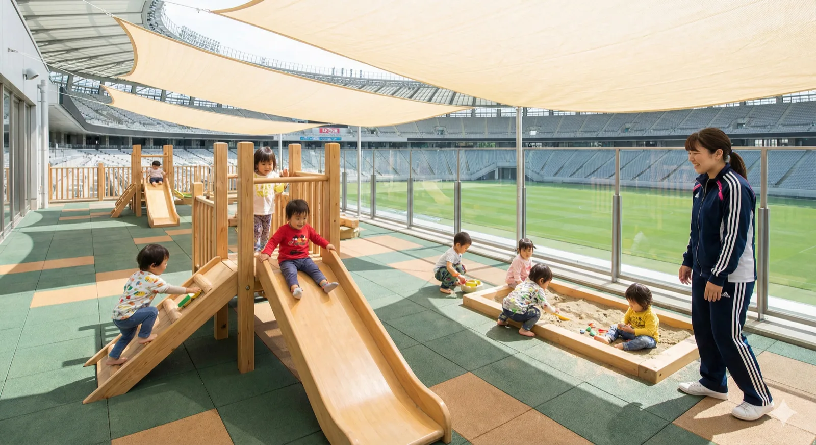 Children's outdoor play area on stadium rooftop terrace, safe wooden play equipment, soft rubber flooring, shade structures, Japanese toddlers playing under supervision, stadium pitch visible in background through safety glass, bright natural lighting, warm nurturing atmosphere
