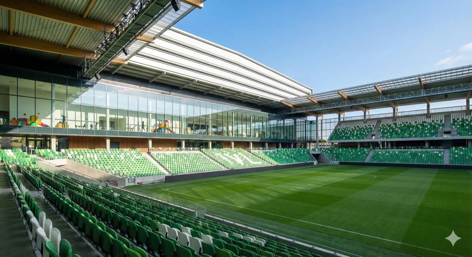 Stadium interior daytime view showing empty pitch with pristine green grass, retractable roof open to blue sky, modern seating in emerald green, childcare facility windows visible on upper level, sense of openness and versatility, professional architectural photography