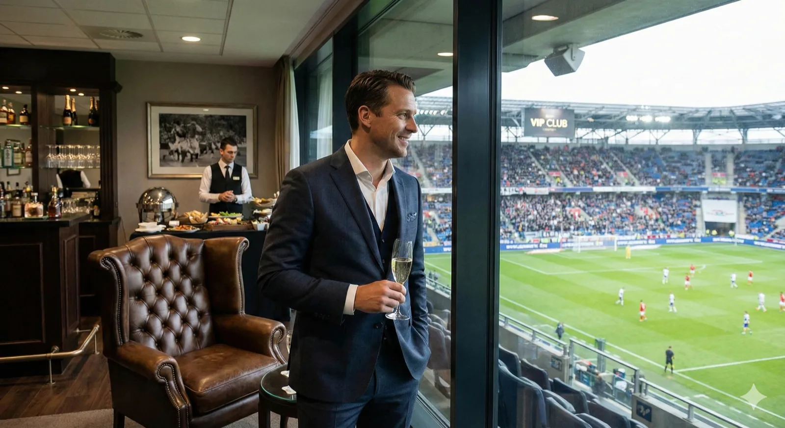 VIP stadium seating with premium amenities, business professional enjoying match