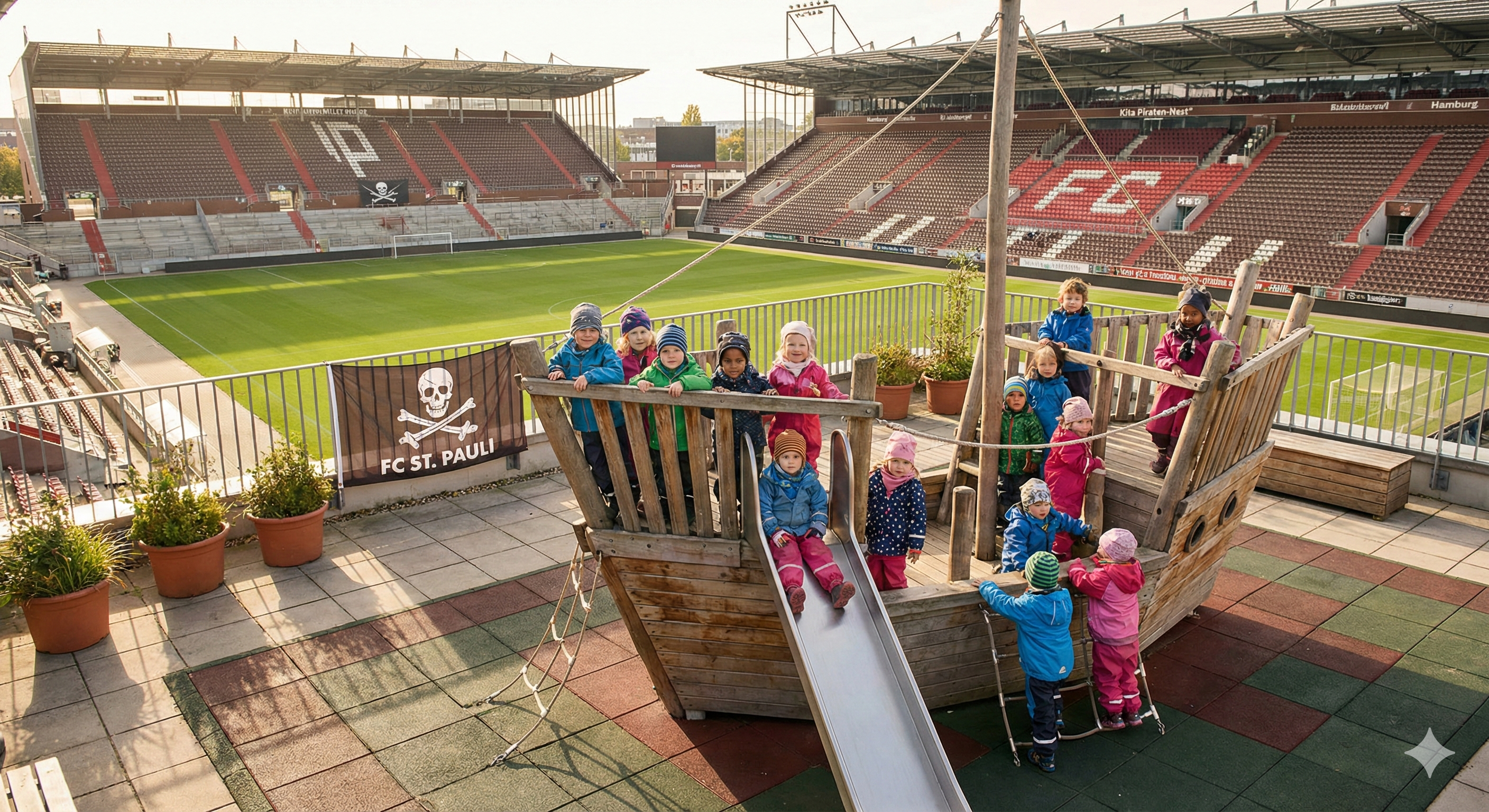 FC St. Pauli's Kita Piraten-Nest (Pirate's Nest) kindergarten inside Millerntor Stadium in Hamburg, Germany. Children playing on a rooftop terrace with a pirate ship playground structure, stadium seating visible in background. Warm, inviting atmosphere showing real children in a unique stadium-kindergarten setting.
