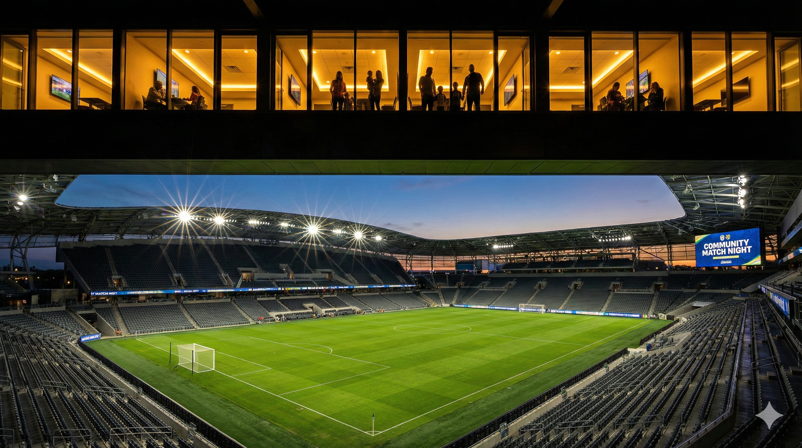 Dramatic wide-angle photograph of modern soccer stadium interior at dusk, premium VIP boxes with warm golden lighting visible on upper level, empty emerald green pitch below, stadium lights creating starburst effects, silhouettes of happy families in VIP section, sense of luxury and community, cinematic atmosphere, professional sports photography style, 16:9 aspect ratio, hopeful evening ambiance
