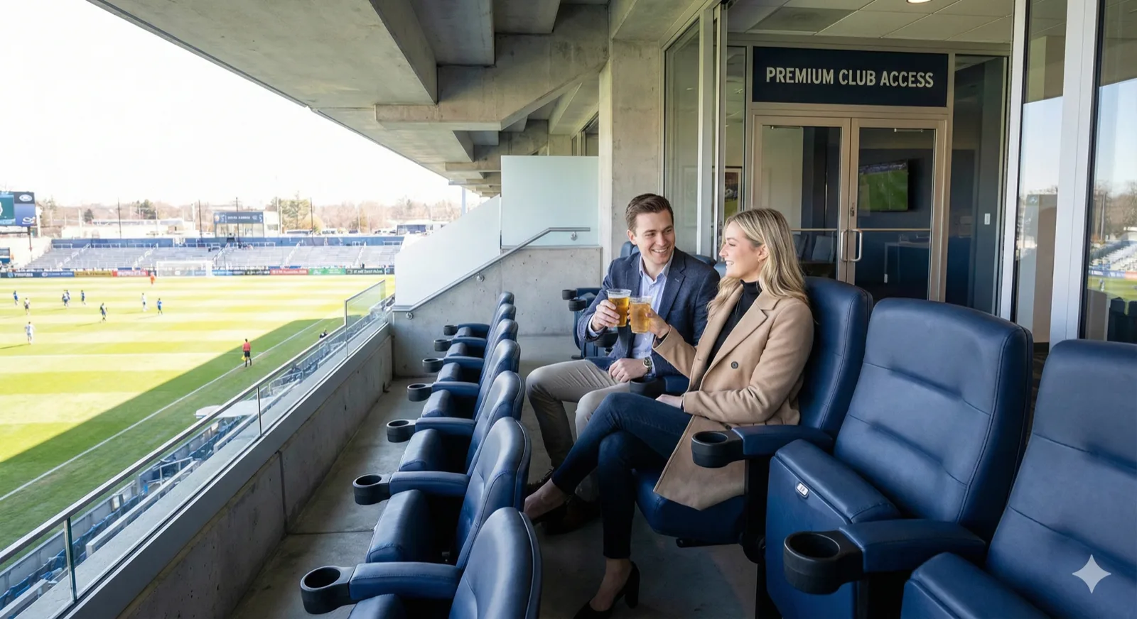 Premium stadium seating section, wide comfortable seats with armrests and cup holders, perfect center view of the pitch, young professional couple enjoying the match, dedicated entrance visible, clean modern design, bright daylight, lifestyle photography style