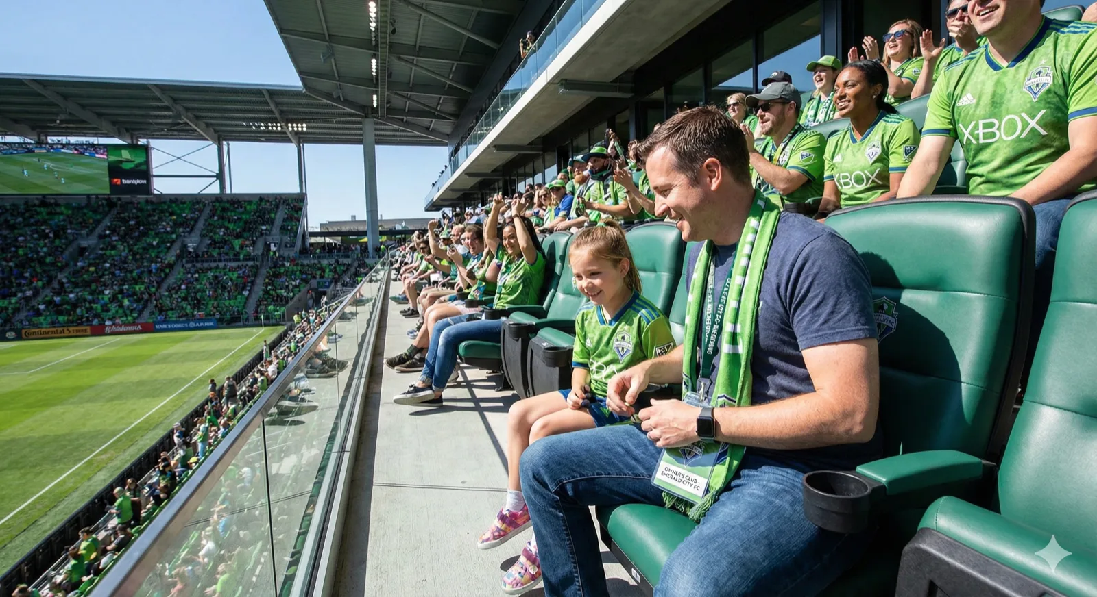 Quality stadium seating in upper tier with excellent sightlines, comfortable padded seats in emerald green, dedicated owner entrance badge visible, soccer fan with young child enjoying the game together, sense of belonging and community, bright atmosphere, clean modern design, warm and welcoming