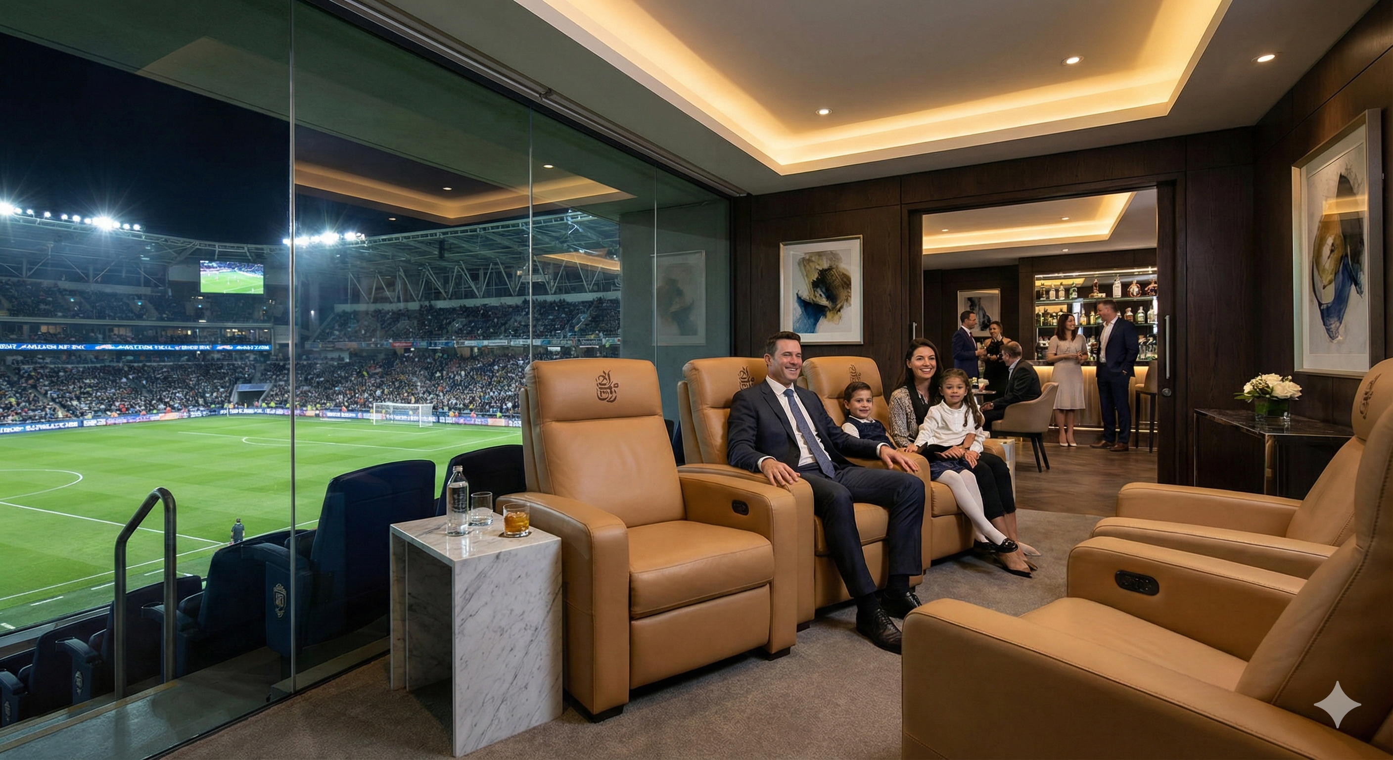 Premium VIP stadium box, semi-private space with glass partition, 4-6 premium leather seats with excellent pitch view, private lounge access visible in background, business executive with family enjoying match, elegant modern interior, warm lighting, professional architectural photography style