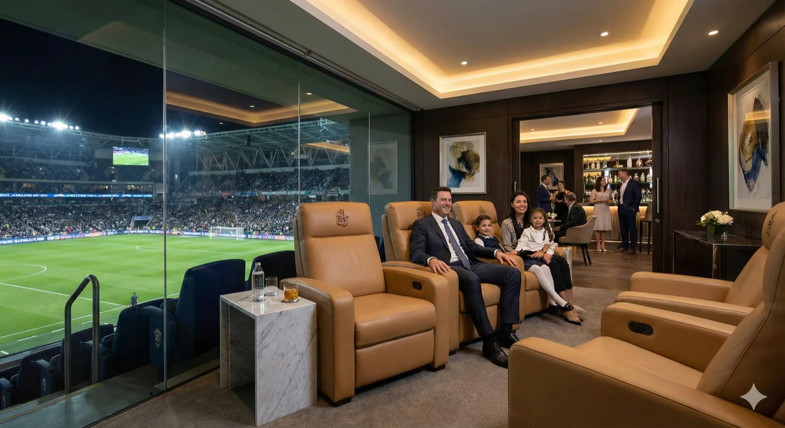 Premium VIP stadium box, semi-private space with glass partition, 4-6 premium leather seats with excellent pitch view, private lounge access visible in background, business executive with family enjoying match, elegant modern interior, warm lighting, professional architectural photography style