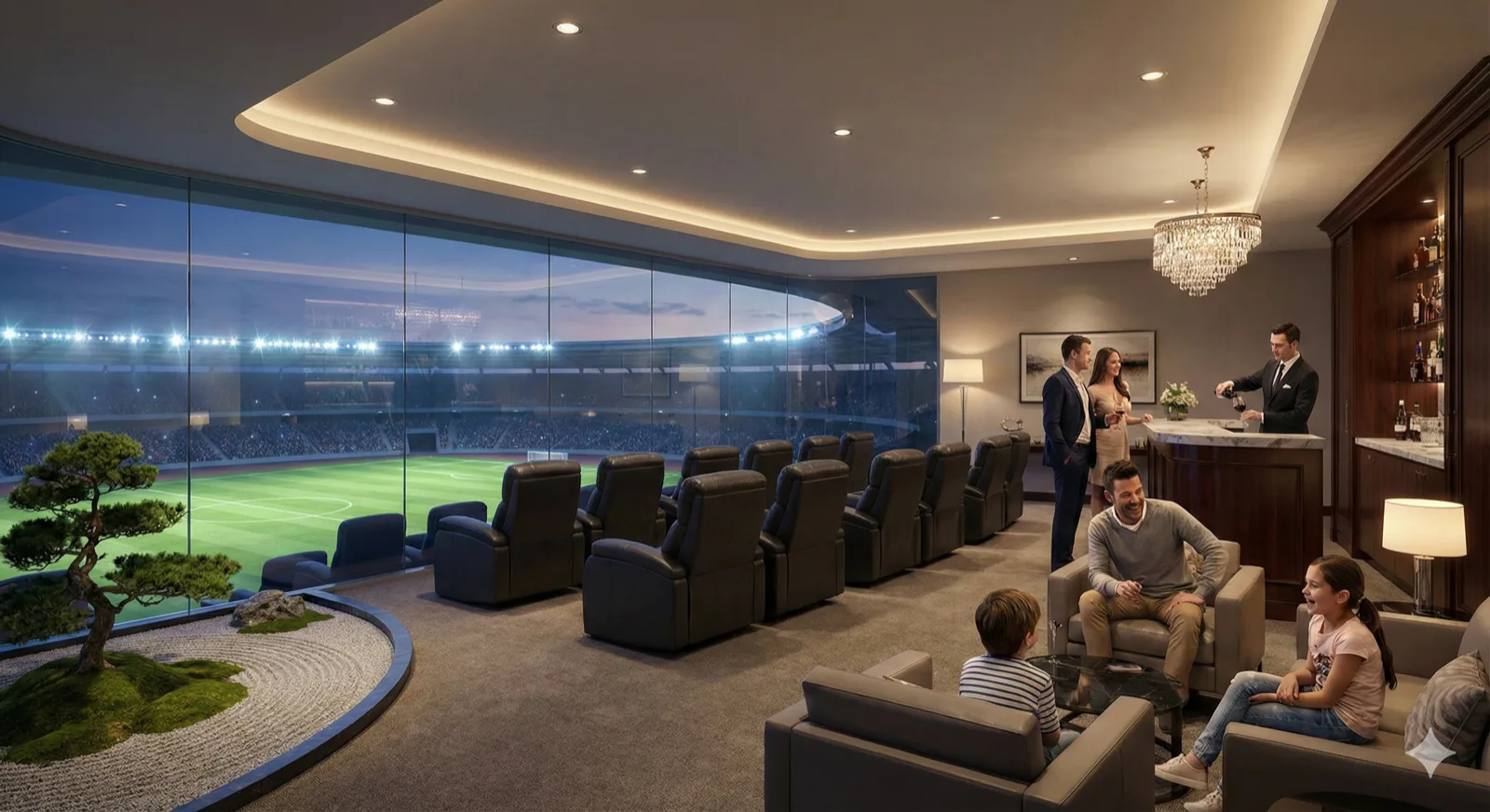 Ultra-luxurious VVIP stadium suite interior, private room with panoramic pitch view through curved glass wall, 12 premium leather recliners, private bar with sommelier, crystal chandelier, Japanese zen garden element visible, celebrity/executive family enjoying private atmosphere, warm ambient lighting, photorealistic 3D rendering, aspirational luxury lifestyle