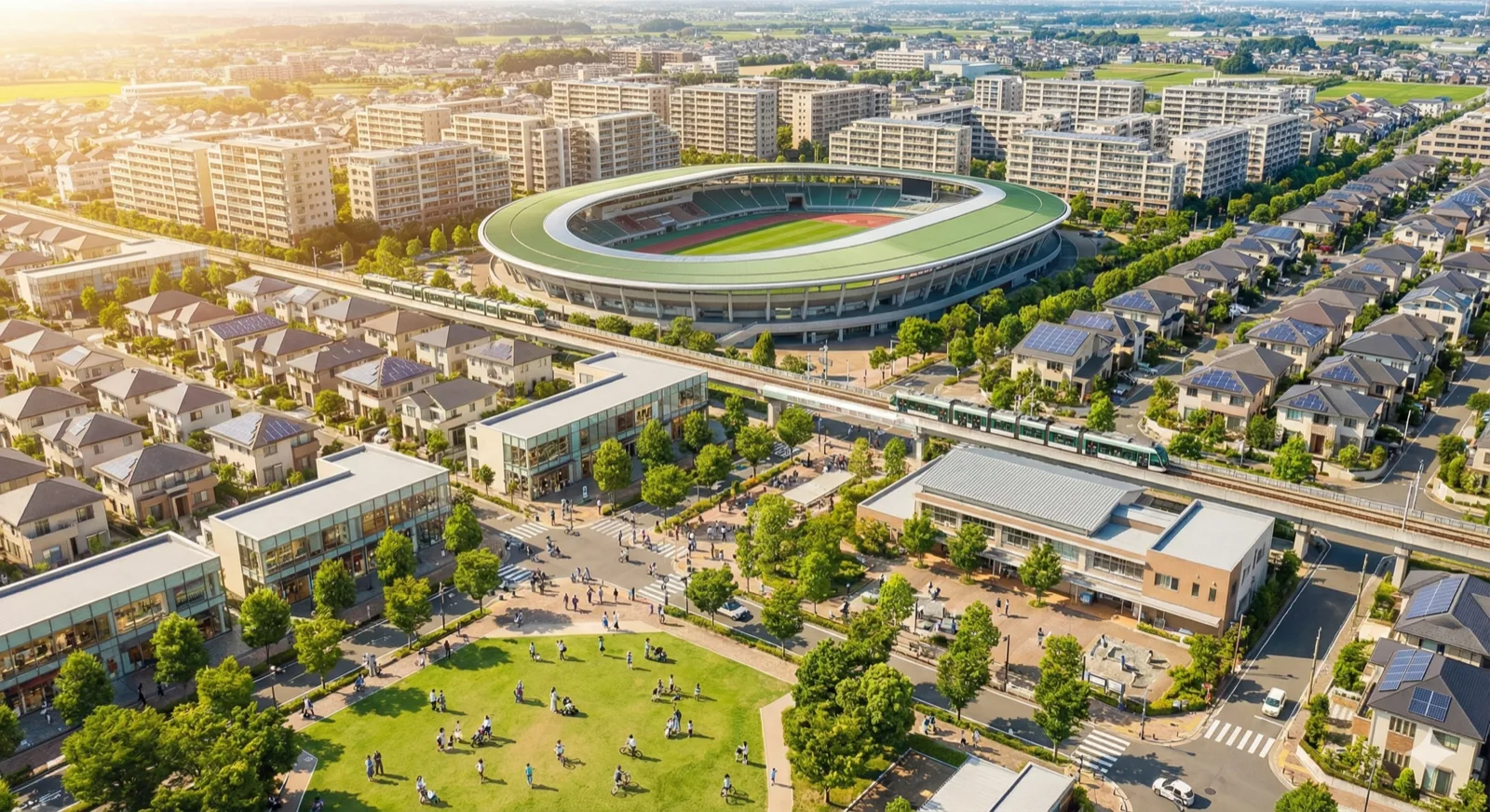 Aerial view of a vibrant Japanese suburban community with a modern stadium at its center, surrounded by residential houses, young families with children visible in parks and streets, new apartment buildings, shopping areas, community facilities, bright and prosperous atmosphere, professional urban planning visualization, warm daylight