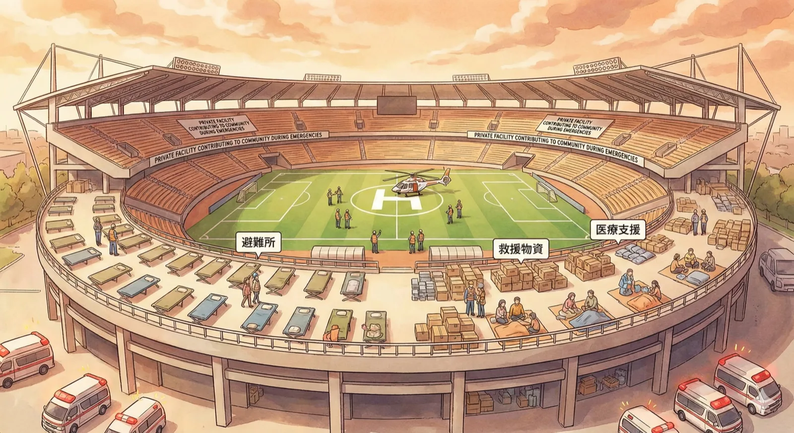Illustration showing stadium during disaster relief: stadium pitch area being used as emergency heliport with helicopter landing, concourse areas set up with temporary beds and supplies, emergency vehicles accessing the facility, families receiving support. The image emphasizes 'private facility contributing to community during emergencies'. Warm supportive colors, professional illustration style, Japanese text labels