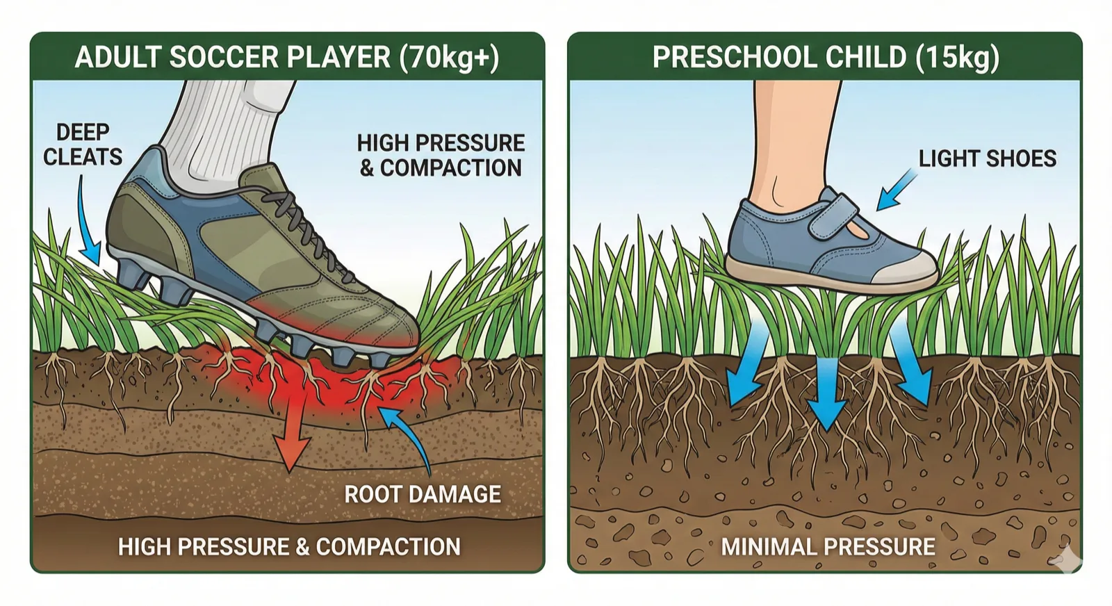 Scientific comparison diagram showing weight distribution on grass: LEFT shows adult soccer player (70kg+) with deep cleats damaging grass roots, RIGHT shows preschool child (15kg) with light shoes barely touching grass surface. Cross-section view of grass and soil, technical illustration style, educational infographic