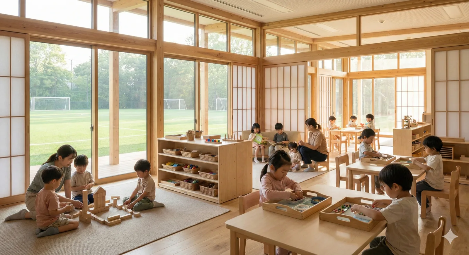 Premium preschool classroom interior with floor-to-ceiling windows overlooking a green soccer pitch, natural wood furniture, Montessori-style learning materials, children engaged in various activities, warm natural lighting, modern Japanese architectural design, high-end educational environment, professional photography