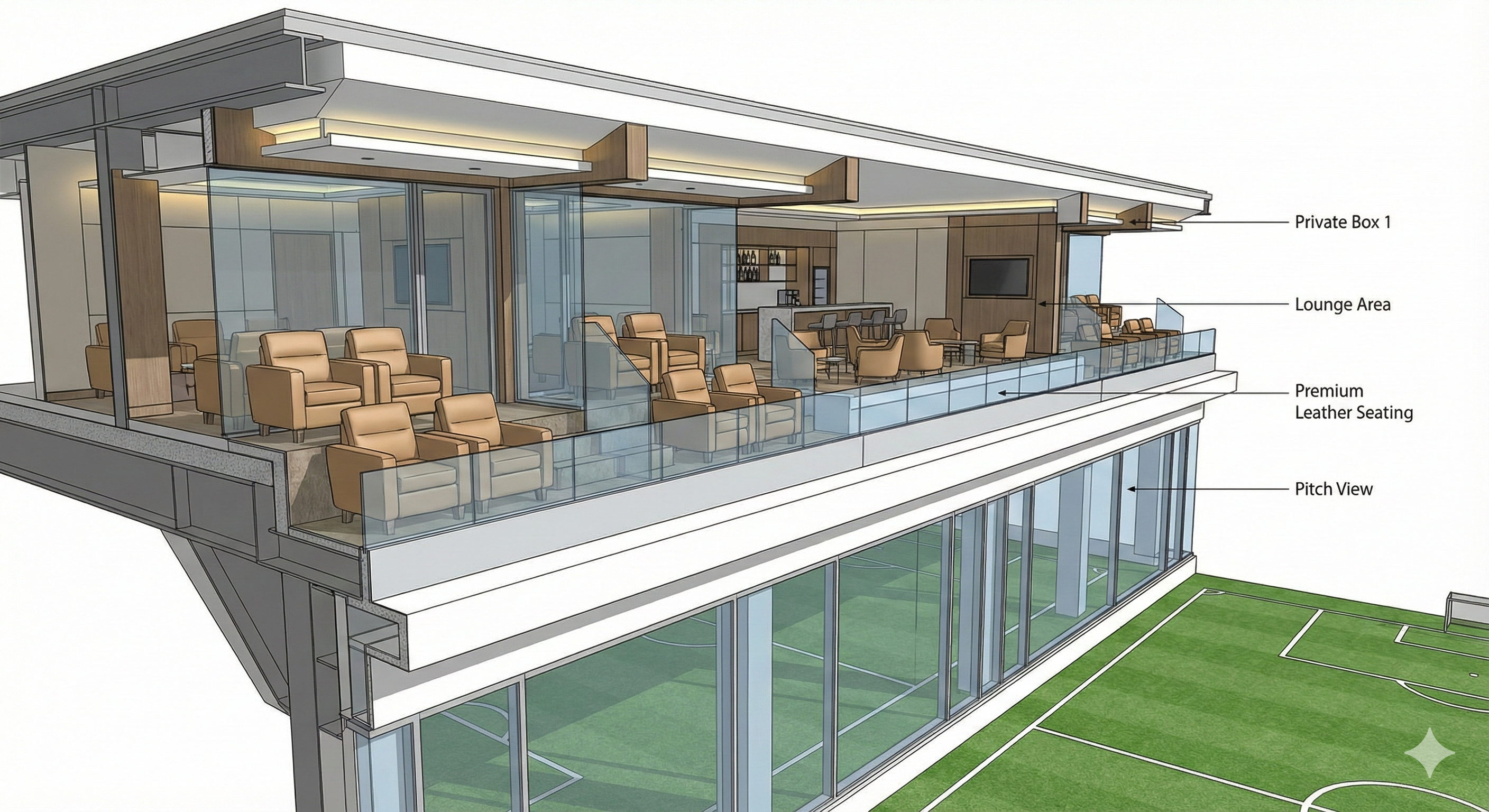 Cutaway 3D architectural diagram of stadium VIP seating area, showing luxurious private box seats with premium leather chairs, glass partitions, private lounge space, and view to the pitch, technical illustration style, clean white background, professional rendering, soft ambient lighting