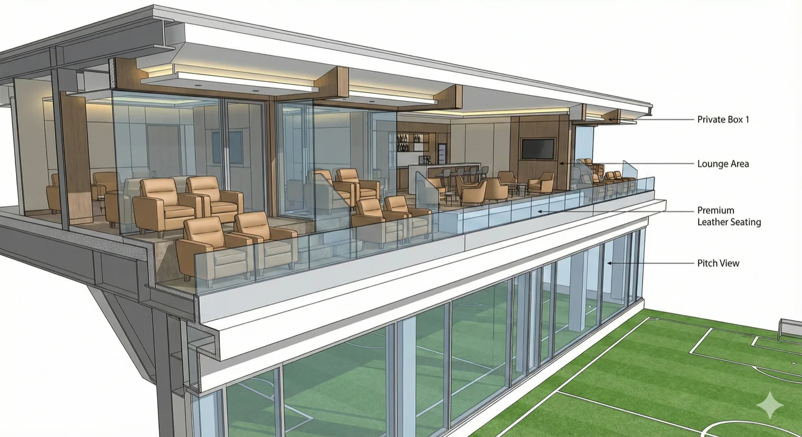 Cutaway 3D architectural diagram of stadium VIP seating area, showing luxurious private box seats with premium leather chairs, glass partitions, private lounge space, and view to the pitch, technical illustration style, clean white background, professional rendering, soft ambient lighting