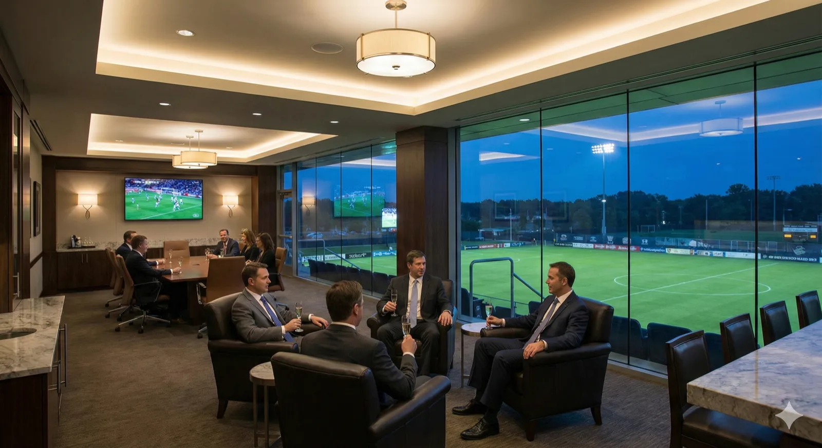Luxurious VIP stadium suite with panoramic view of soccer pitch through floor-to-ceiling windows, elegant leather seating, corporate executives in business attire having a meeting with champagne glasses, warm ambient lighting, premium hospitality setting, professional architectural photography