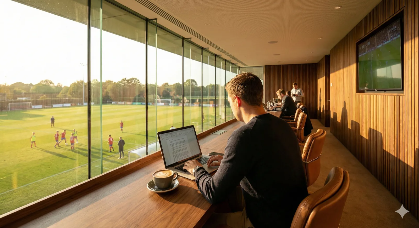 Premium press box workspace with professional desks facing the green soccer pitch through large glass windows, modern laptop and coffee cup on desk, person working with view of children playing on the grass below, golden hour lighting, luxurious modern interior, professional photography